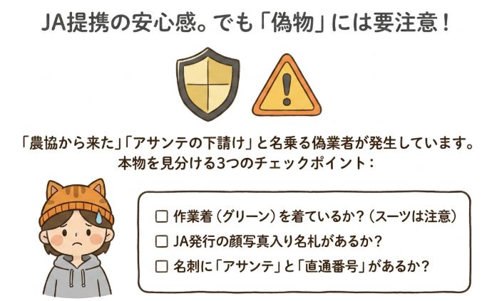 JA提携の安心感。でも偽物には要注意
