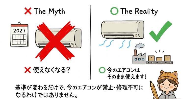 基準が変わるだけで、今のエアコンが禁止・修理不可になるわけではない